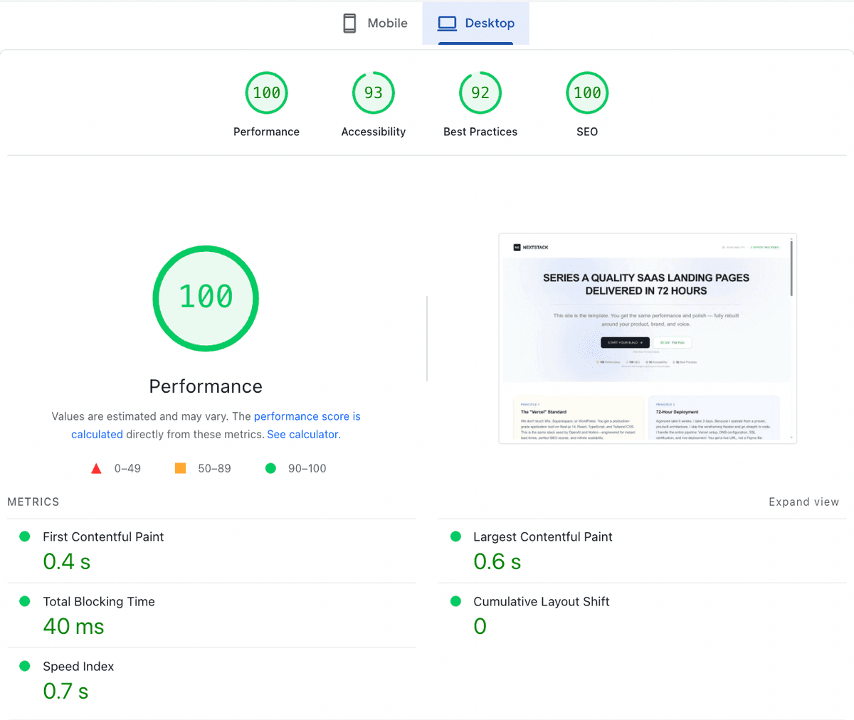 Desktop Lighthouse performance scores showing 100 Performance, 100 SEO, 93 Accessibility, 92 Best Practices